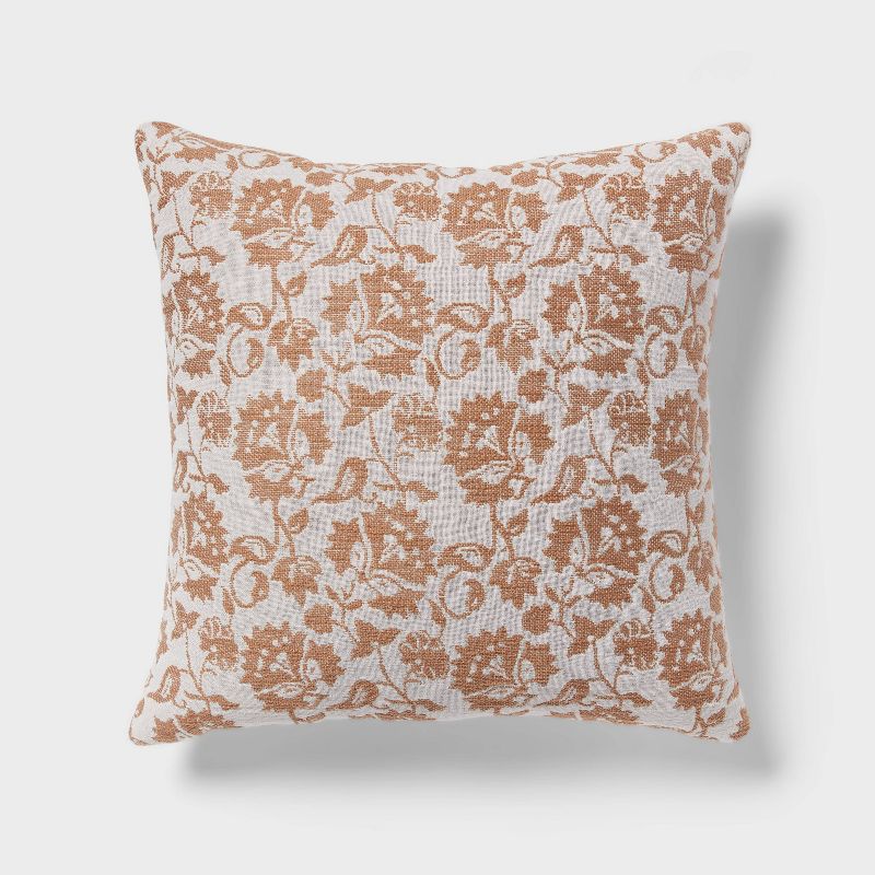 Woven Floral Decorative Pillow Euro Brown - Threshold: Cotton Fabric, Indoor Square Cushion, OEKO-TEX Certified