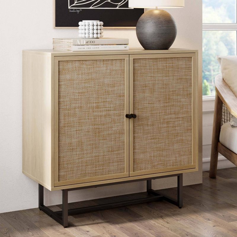 Kova Wood And Rattan Storage Cabinet Light Oak/matte Black - Nathan James: Laminate Surface, Adjustable Shelf, 32" Height : Target