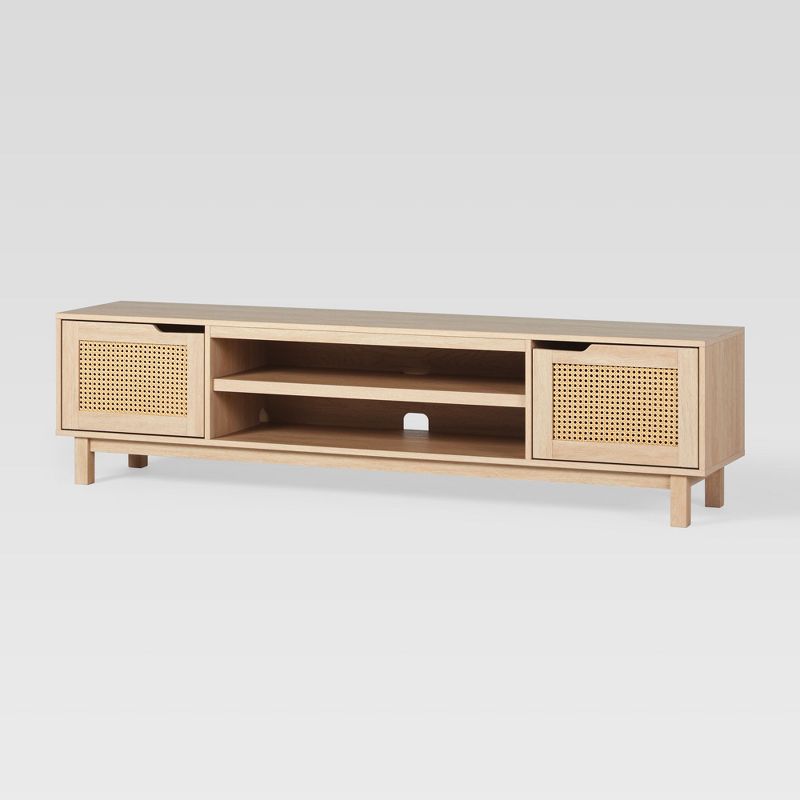 Modern Boho Storage TV Stand for TVs up to 80" with Rattan Doors Coastal Oak - Saracina Home: Media Console with Shelves