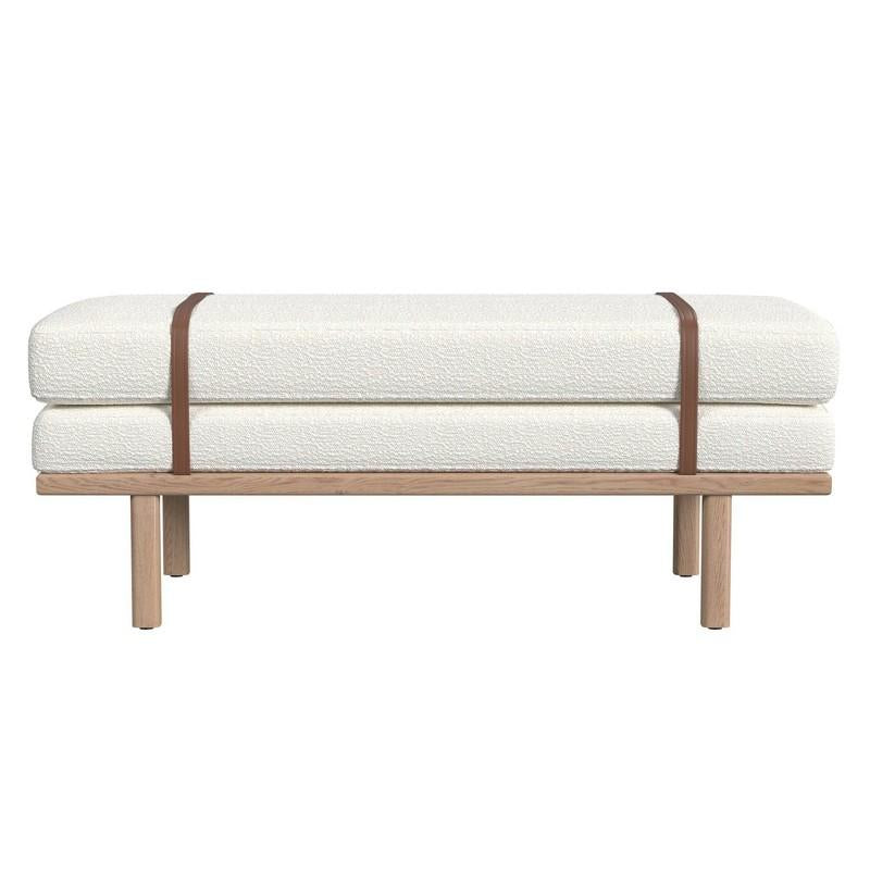 HomePop Upholstered Bench Cream Boucle/Natural: Wood Legs, Faux Leather Strap, Multipurpose Use