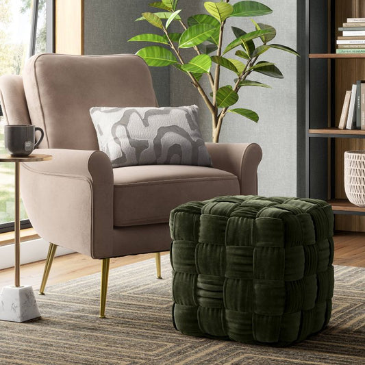Square Woven Pouf Ottoman Green Velvet - Threshold™: Upholstered Cotton & Polyester, No Assembly Required : Target