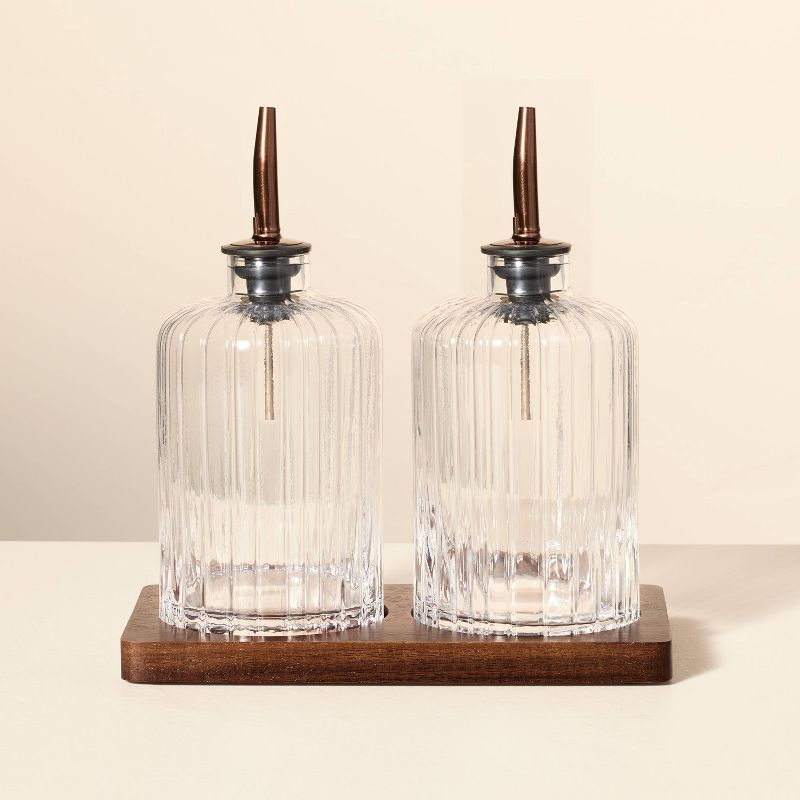 Oil & Vinegar Ribbed Glass Bottle Set With Wood Base - Hearth & Hand™ With Magnolia : Target