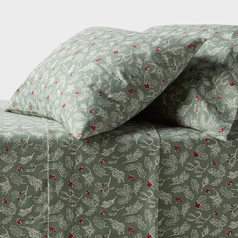 King Ultra Soft Holiday Flannel Sheet Set Green Holly - Threshold™ : Target