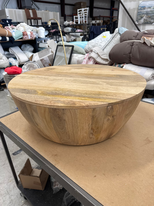 WyndenHall Keystone Drum Coffee Table Natural: Mango Wood, Modern Industrial Style, No Assembly Required