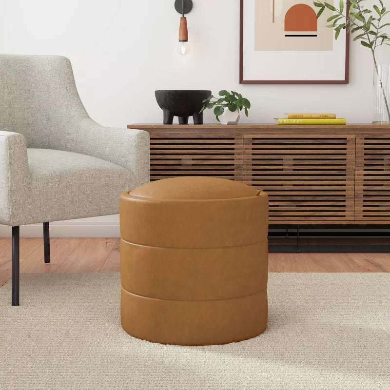 HomePop Storage Round Ottoman Caramel: Upholstered Vanity Stool, Footrest with MDF Frame