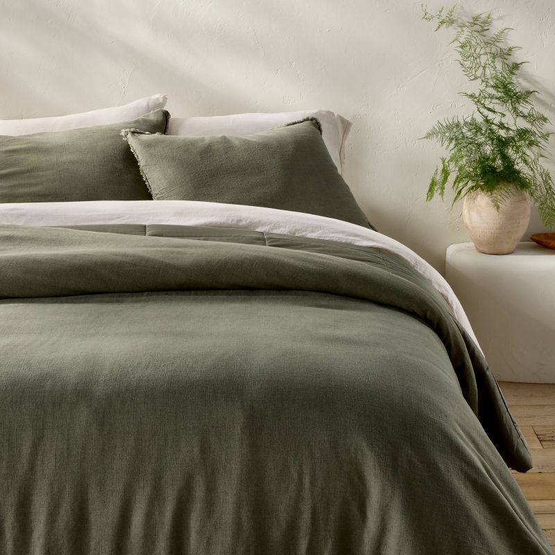 Full/Queen Heavyweight Linen Blend Comforter and Sham Set Olive Green - Casaluna