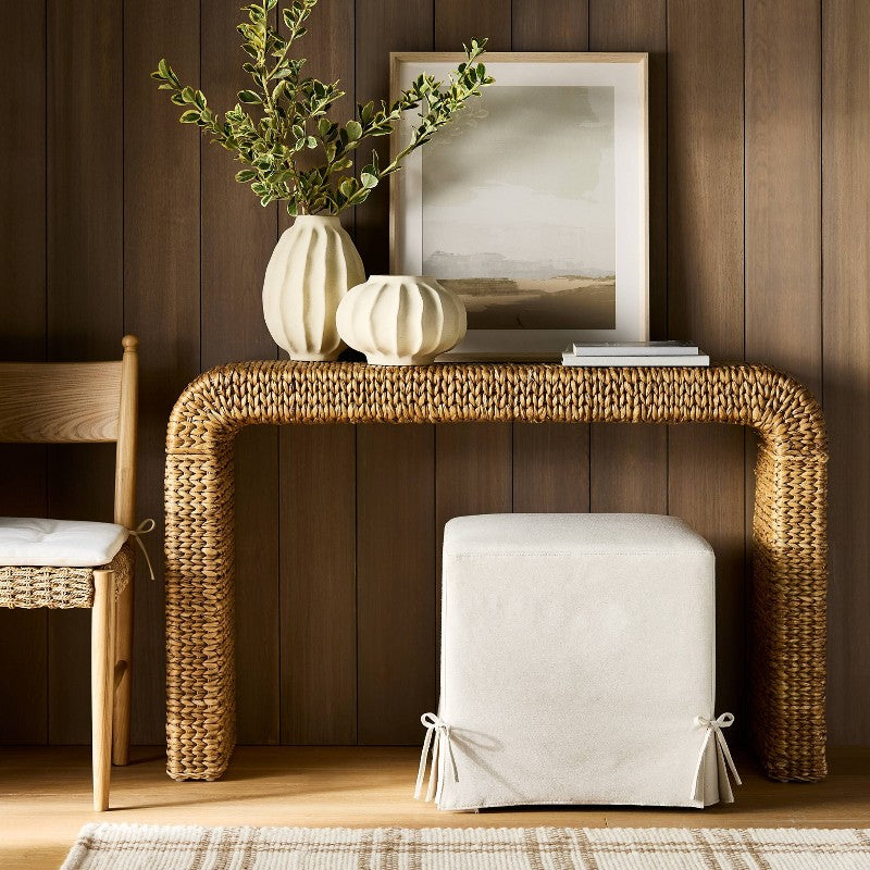 Lynwood Slipcover Cube Ottoman with Tie Details Cream - Threshold designed w/Studio McGee