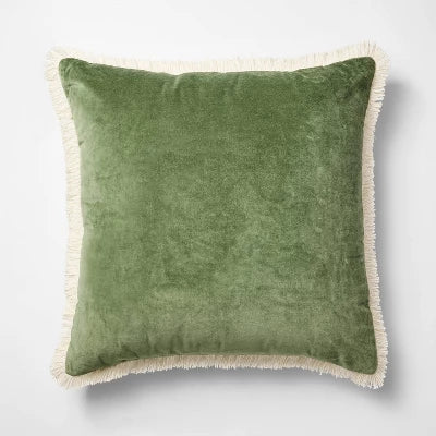 Oversized Square Solid Velvet Pillow w/ Fringe Army Green  - Threshold Designed with Studio McGee
