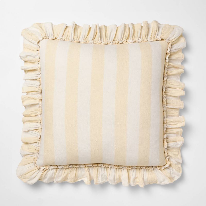 Square Pillow Big Stripe with Ruffle Pale Yellow and Cream - Threshold Design with Studio McGee