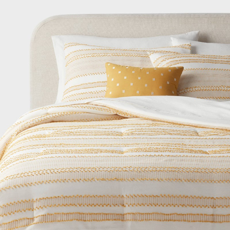 8pc King Clipped Jacquard Striped Comforter and Sheet Set Yellow - Threshold