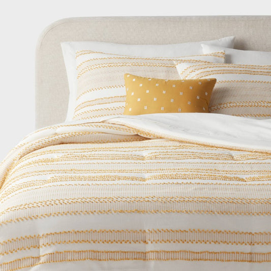 8pc King Clipped Jacquard Striped Comforter and Sheet Set Yellow - Threshold