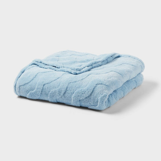 Full/Queen Wavy Jacquard Plush Blanket Light Blue - Room Essentials