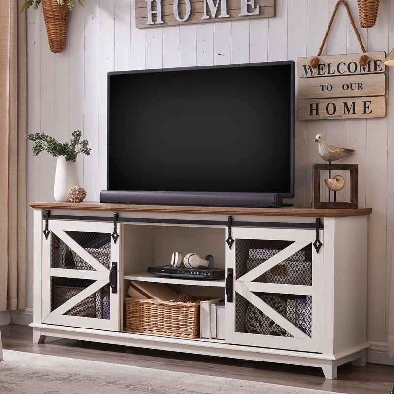 OKD 66" Farmhouse TV Stand w/Sliding Barn Door, TV Console for 75 Inch TV, Antique White