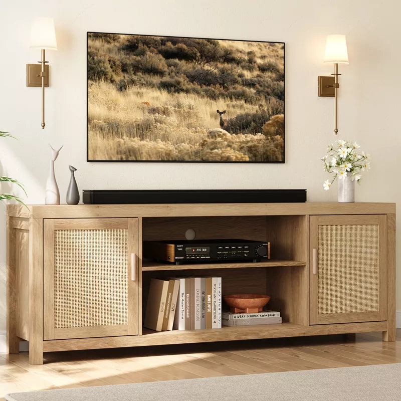 Whizmax Rattan TV Stand for 65 inch TV, Boho Entertainment Center with 2 Rattan Doors, Modern Media TV Console for Living Room Bedroom, Natural Oak
