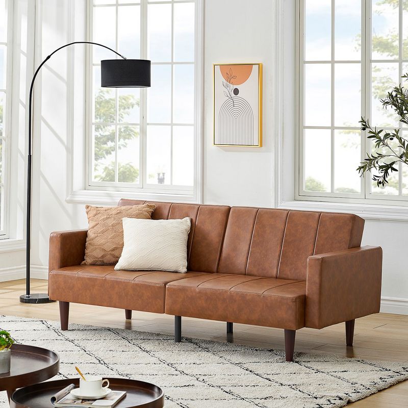 Whizmax Convertible Sofa Bed, Adjustable Couch Sleeper Modern Faux Leather, Memory Foam Loveseat Sofa Bed, Couches for Living Room, Bedroom, Brown