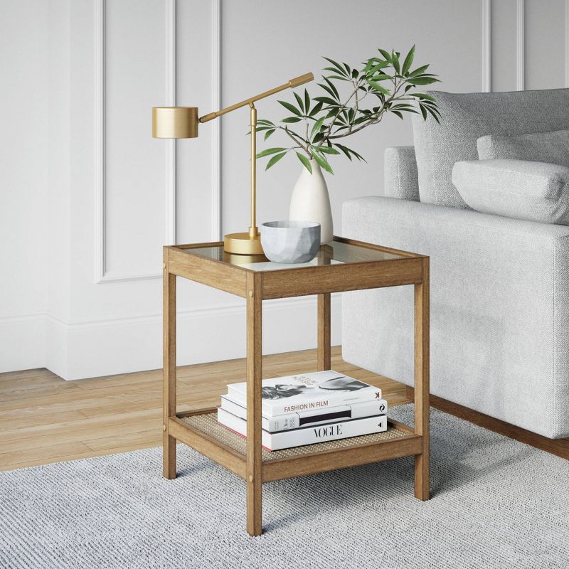 Hayes Solid Wood Rattan And Glass Top Side Table Brushed Light Brown - Nathan James : Target