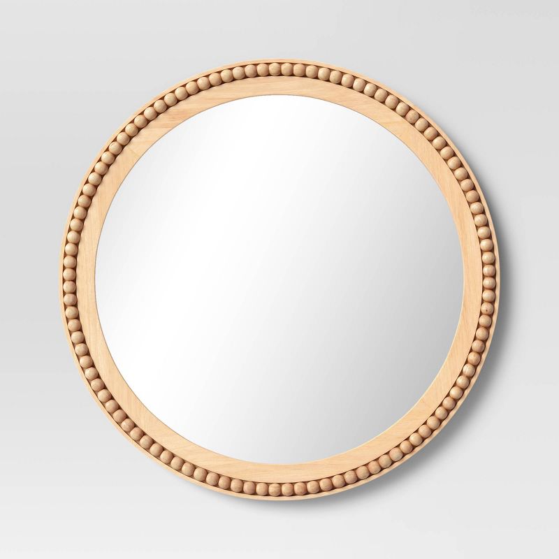 28" Dia Round Wooden Beaded Wall Mirror Natural - Threshold: Beaded Detail, No Assembly Required