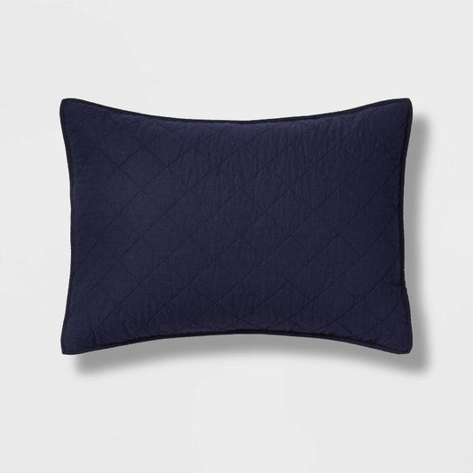 Standard Diamond Stitch Cotton Linen Quilt Sham Navy - Threshold