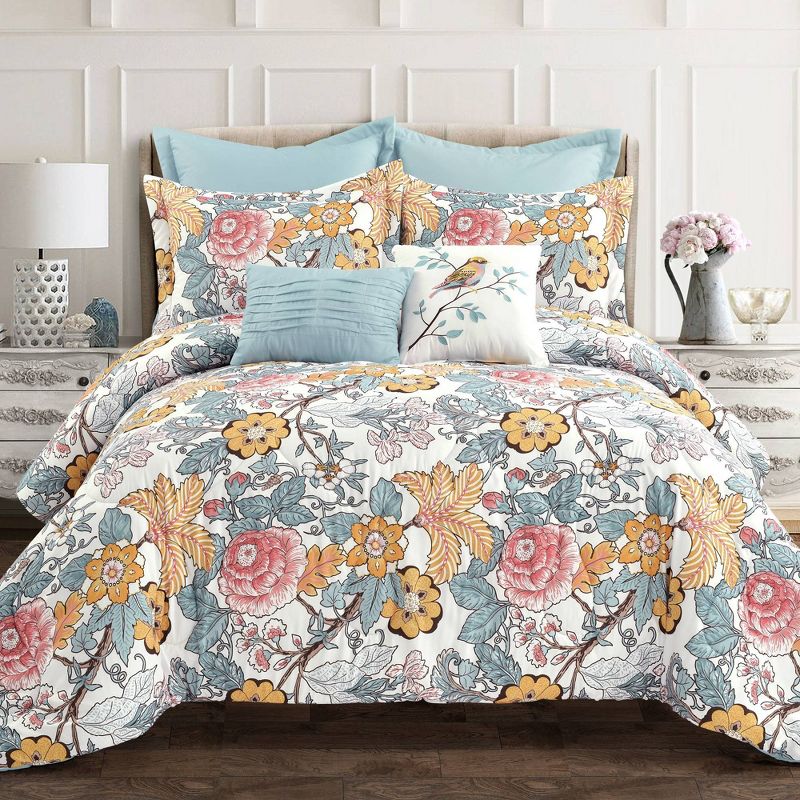 Full/queen 7pc Sydney Comforter Set Blue/yellow - Lush Décor: Microfiber Bedding With Botanical Pattern & Pleated Design : Target