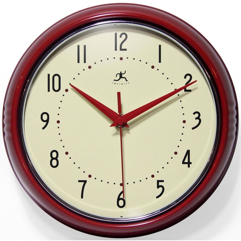 9.5" Retro Metal Wall Clock Red - Infinity Instruments: Indoor Modern Decor, Off-White Face, Round Shape