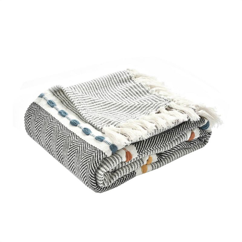 50"x60" Herringbone Striped Yarn Dyed Cotton Woven Throw Blanket with Tassels Black - Lush Décor
