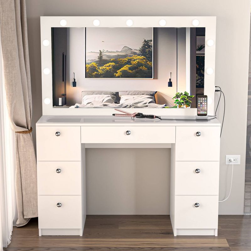 Amalthea Lighted Makeup Vanity White - Boahaus: Elegant Design, 7 Drawers, 11 Led Bulbs : Target