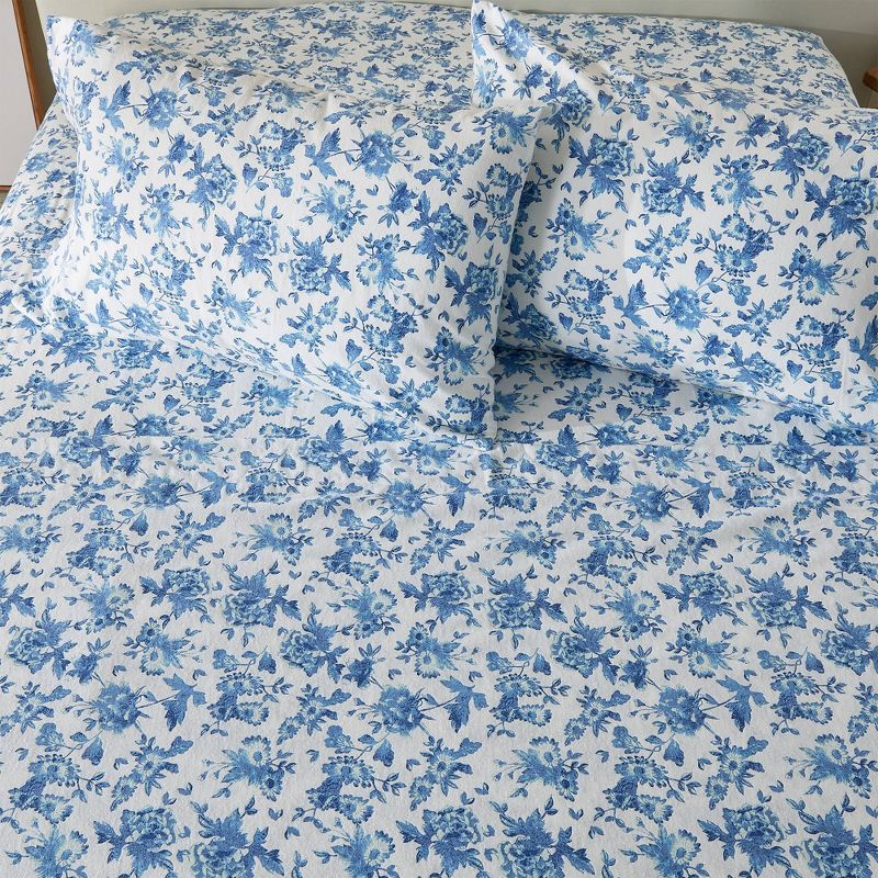 Full 100% Turkish Cotton Vintage Printed Flannel Sheet Set Floral Blue - Patina Vie