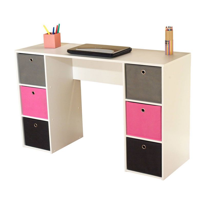 Student Writing Desk With 6 Fabric Bins White/pink - Buylateral: Mdf Computer Desk With Drawer Storage : Target