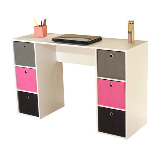 Student Writing Desk With 6 Fabric Bins White/pink - Buylateral: Mdf Computer Desk With Drawer Storage : Target