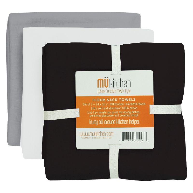 3pk Cotton Flour Sack Kitchen Towels Gray/Black/White - MU Kitchen