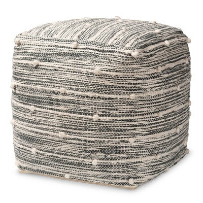 Macaco Moroccan Ivory Handwoven Cotton Blend Pouf Ottoman Dark Gray/Ivory - Baxton Studio