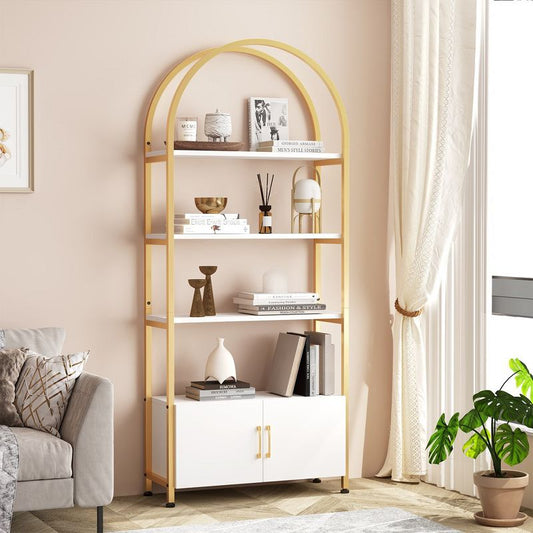 Arched Bookshelf with Door, 71 Inch Tall Etagere Bookcase with Storage Cabinet Shelf, 4-Tier Modern Display Shelf for Bedroom Living Room