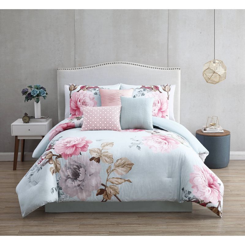 Queen 7pc Ridgely Comforter Set Spa/blush - Riverbrook Home: Cotton Bedding, Embroidered & Pleated Details, Machine Washable : Target