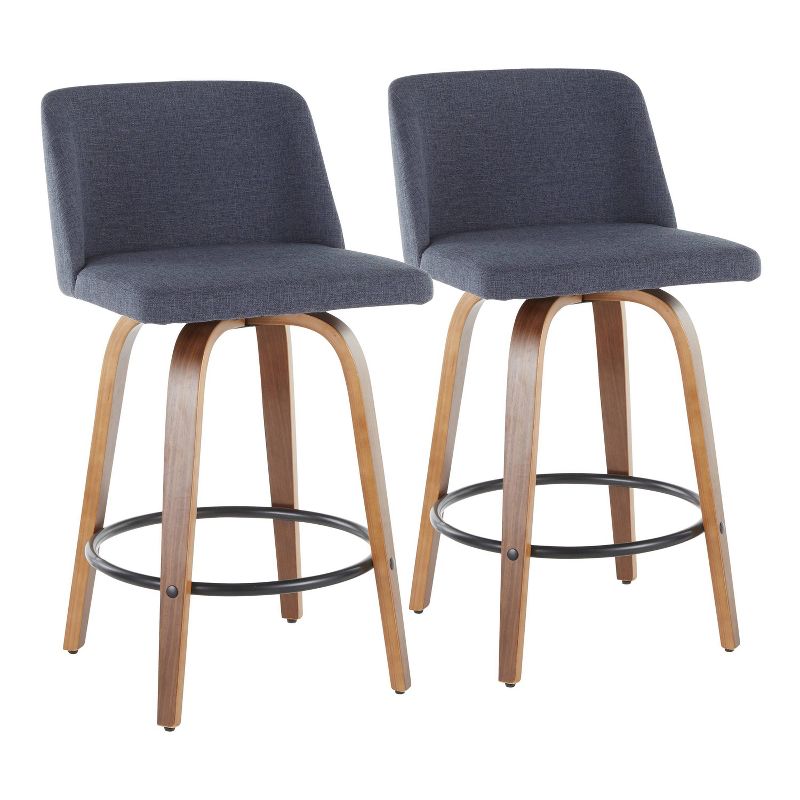 Set Of 2 Toriano Mid-century Modern Counter Height Barstools Walnut/blue - Lumisource: Swivel, Polyester Upholstery, Wood Legs : Target