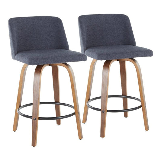Set Of 2 Toriano Mid-century Modern Counter Height Barstools Walnut/blue - Lumisource: Swivel, Polyester Upholstery, Wood Legs : Target