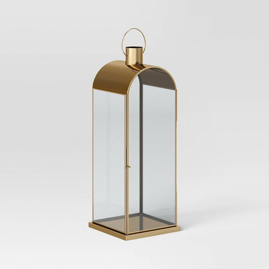 Tall Metal Lantern Gold - Threshold™: Modern Stainless Steel & Tempered Glass, Tabletop Decor, 21" Height : Target