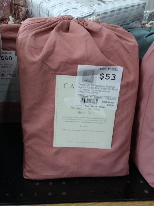 Queen 500 Thread Count Washed Supima Sateen Solid Sheet Set Rose - Casaluna: Luxurious Comfort, 4-Piece Set, OEKO-TEX Certified