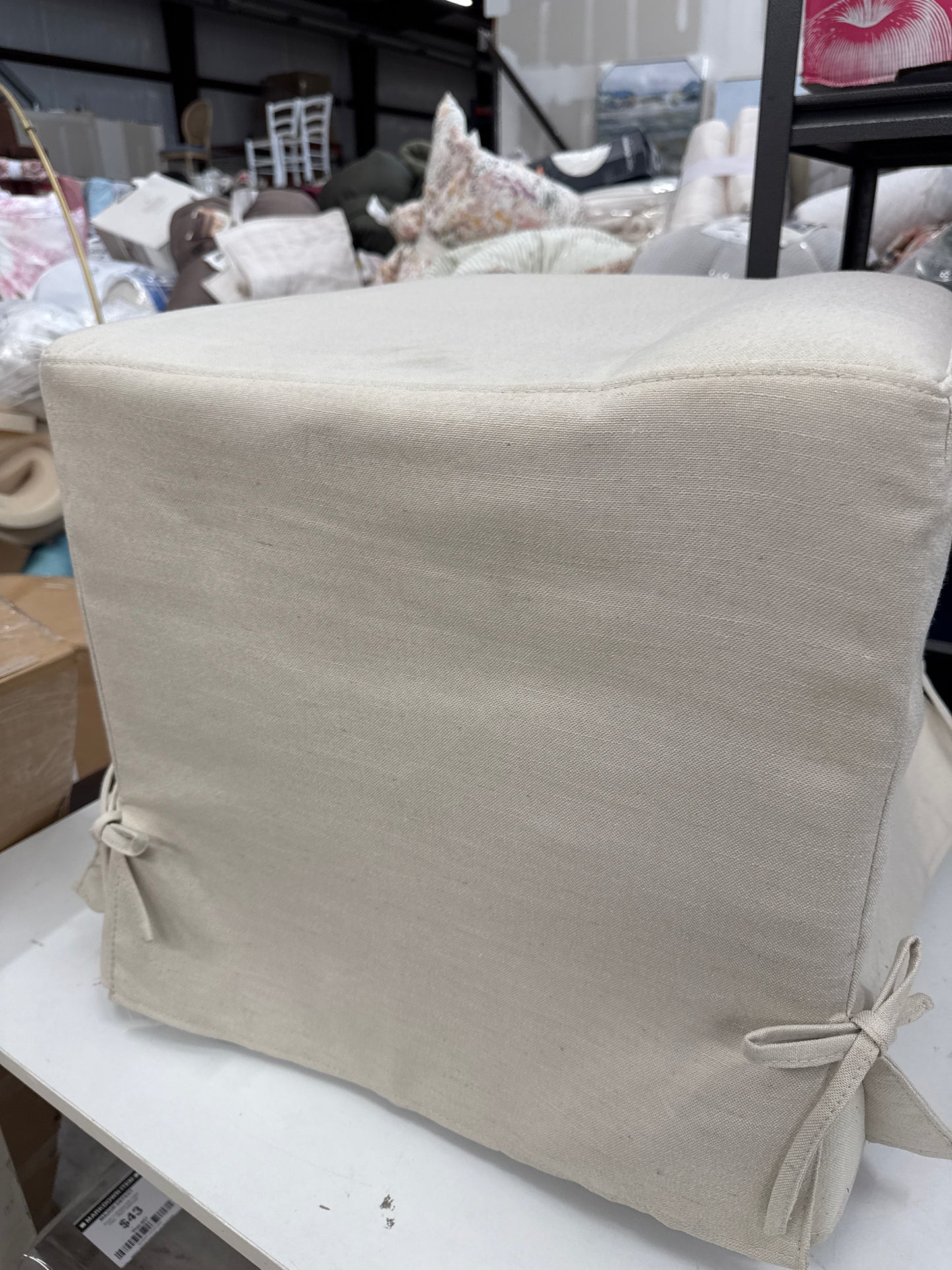 Lynwood Slipcover Cube Ottoman with Tie Details Cream - Threshold designed w/Studio McGee