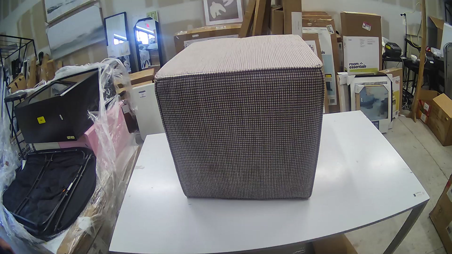 Lynwood Square Upholstered Cube Ottoman Tan Checkered - Threshold designed with Studio McGee
