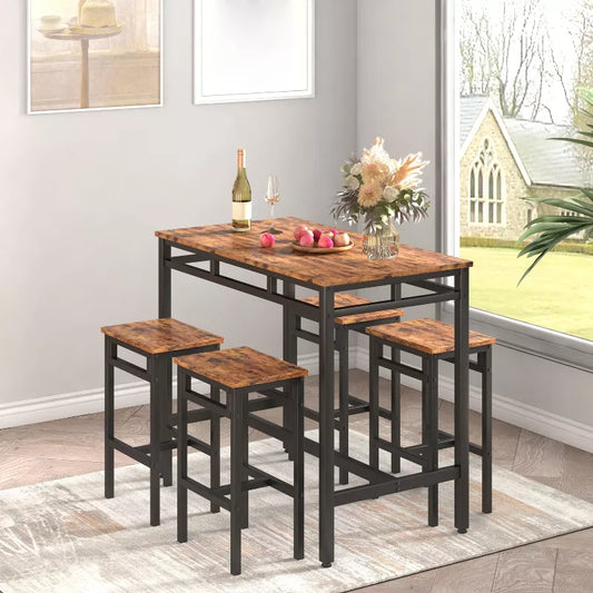 5 Piece Bar Table Set, Kitchen Dining Table with 4 Stools, Counter Height Bar Table and Chair Set, Breakfast Table for Kitchen Living Room Small Space