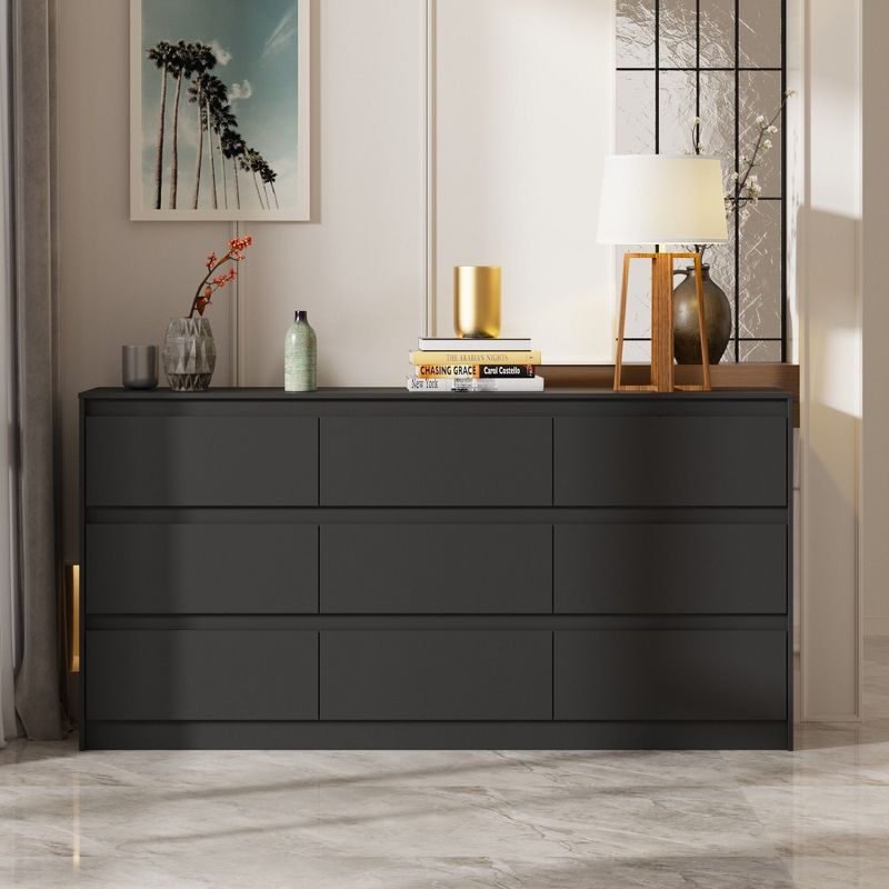 Famapy Modern High Gloss 9 Drawer Drawer Cabinet Horizontal Dresser Bedroom Storage  Black