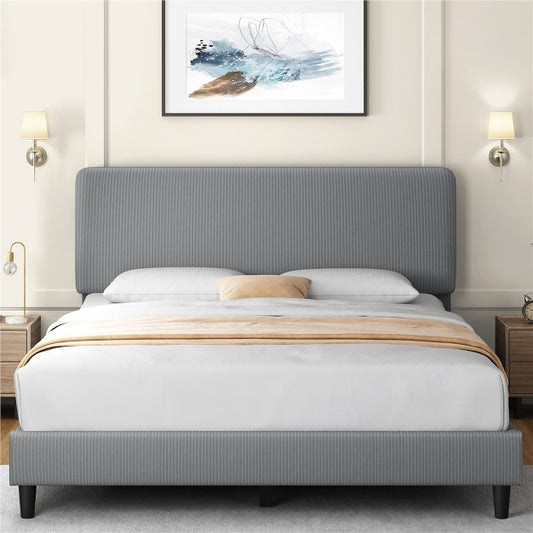 Yaheetech Upholstered Bed Frame with Adjustable Headboard and Mattress Foundation with Wooden Slat Support, Light Gray(Queen)