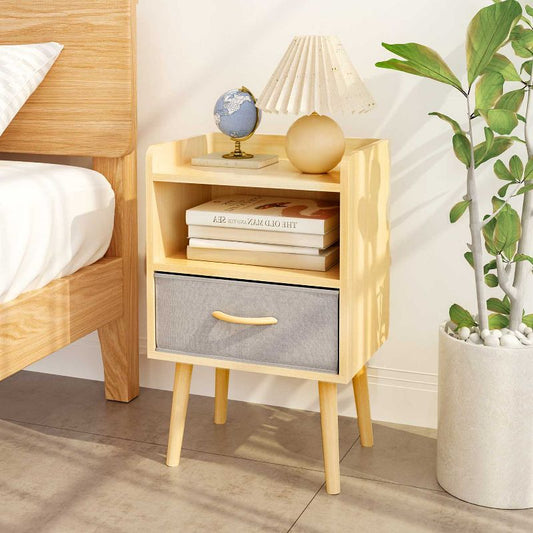 KTMBDW Nightstand With Collapsible Fabric Drawer, 2-Tier Storage End Table, Wood Side Table with Storage Cabinet for Bedroom, Living room, Natural