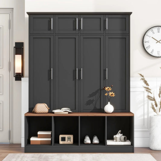 59''W Versatile Hall Tree Coat Rack Mudroom Bench Entryway Shoe Cabinet with Hooks, Brown Wood Grain Bench and Multiple Storage Space,Black-ModernLuxe