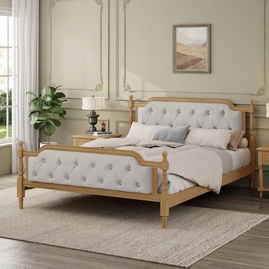 King Size Platform Bed, Traditional Style Solid Wood Bed Frame with Upholstered Tufted Headboard, No Box Spring Needed, Walnut - ModernLuxe
