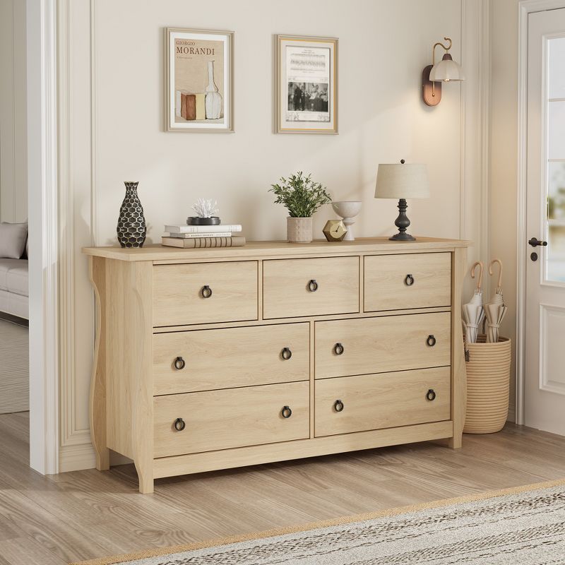 7-Drawer Dresser - Tall Boho Dresser with Curved Legs, Rattan Accents, and Freestanding Storage for Living Room, Bedroom Entryway or Balcony Natural