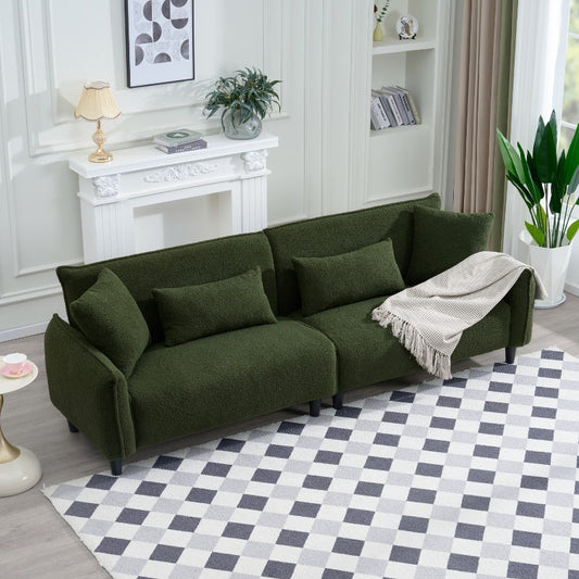 GDFStudio Congreve Modern 97" Wood and Teddy Velvet Sofa with Pillows, Green