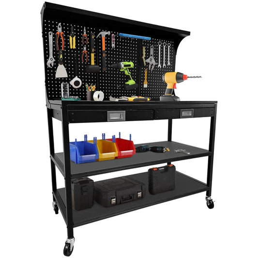 48 inch Garage Workbench, 3 Tier Heavy Duty Rolling Workbench with 2 Drawers, Pegboard, 2 Open Shelves, 35 Hooks, Wooden Top Work Table for Workshop