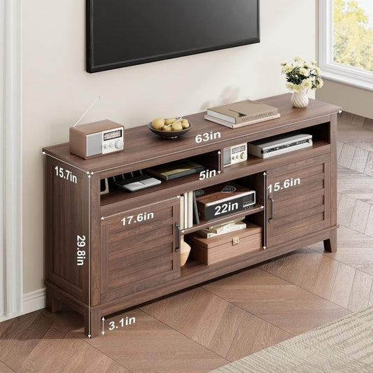 65-inch modern TV stand, semi-open double-door entertainment centre with 8 storage compartments, Brown