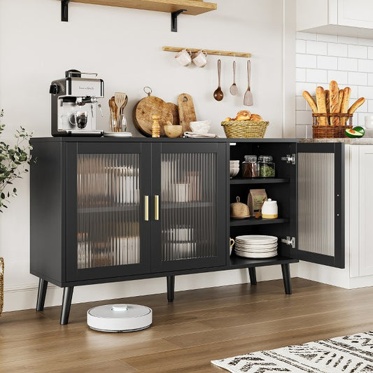 Buffet Cabinet with Storage, 48" Large Sideboard Cabinet with 3 Fluted Glass Doors, Black Cabinet for Kitchen, Dinning Room, Hallway, Living Room